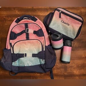 Pottery Barn Kids Backpack, lunch box and water bottle, Charlie